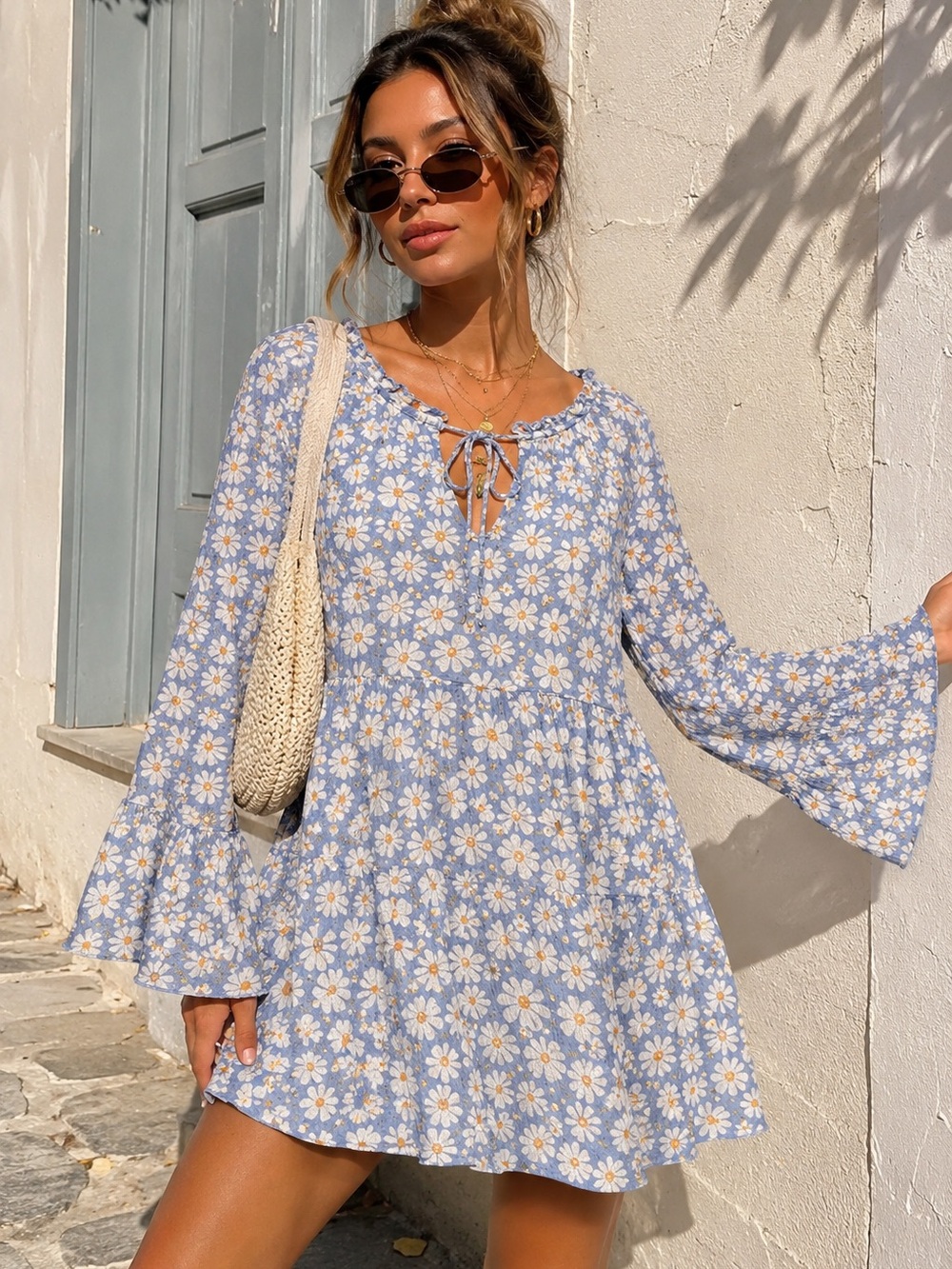 Altar'd State Light Blue Daisy Tie-Front Bell Sleeve Mini Dress